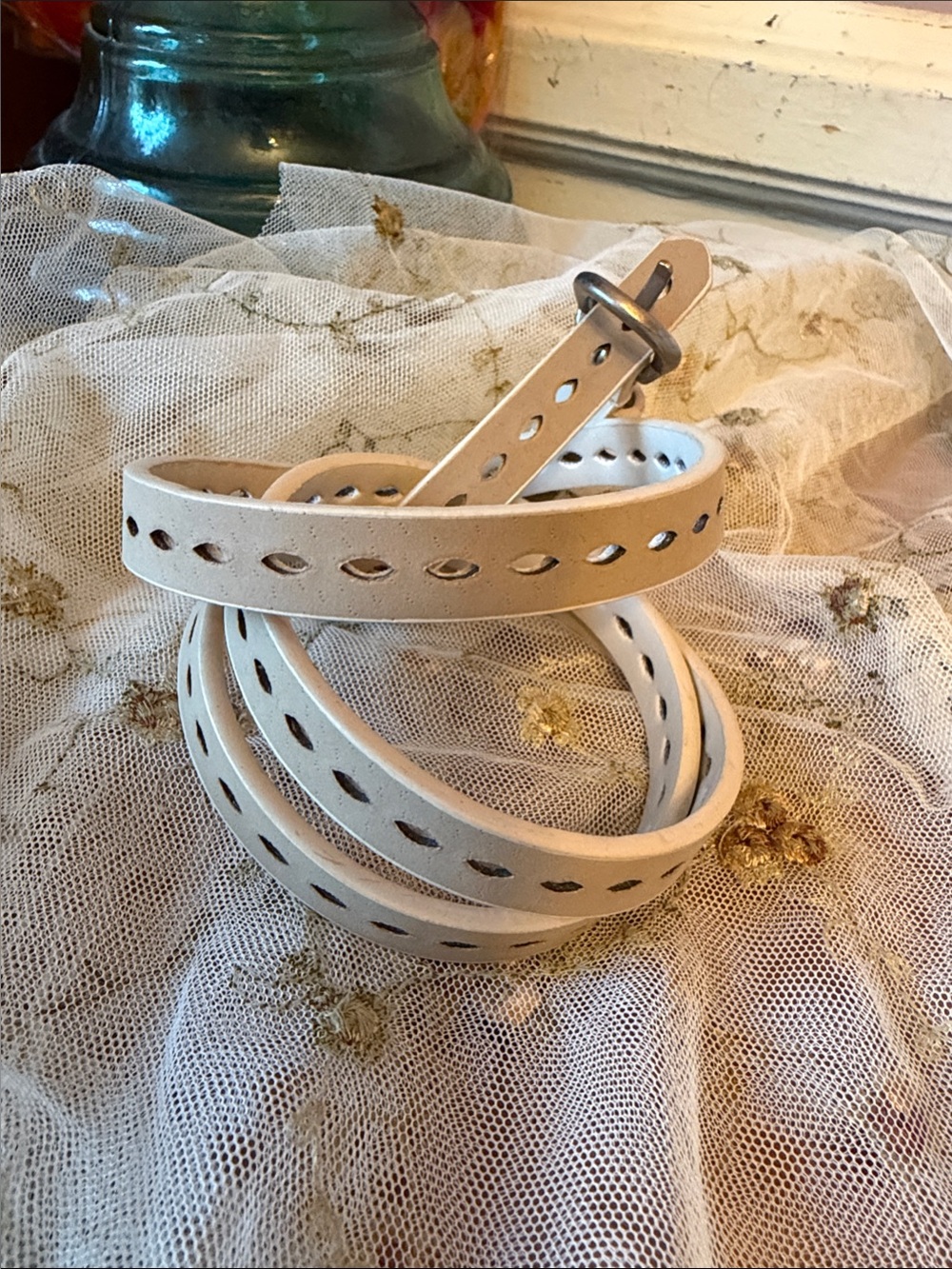 Cream Cutout Leather Women's Belt with Silver Buckle